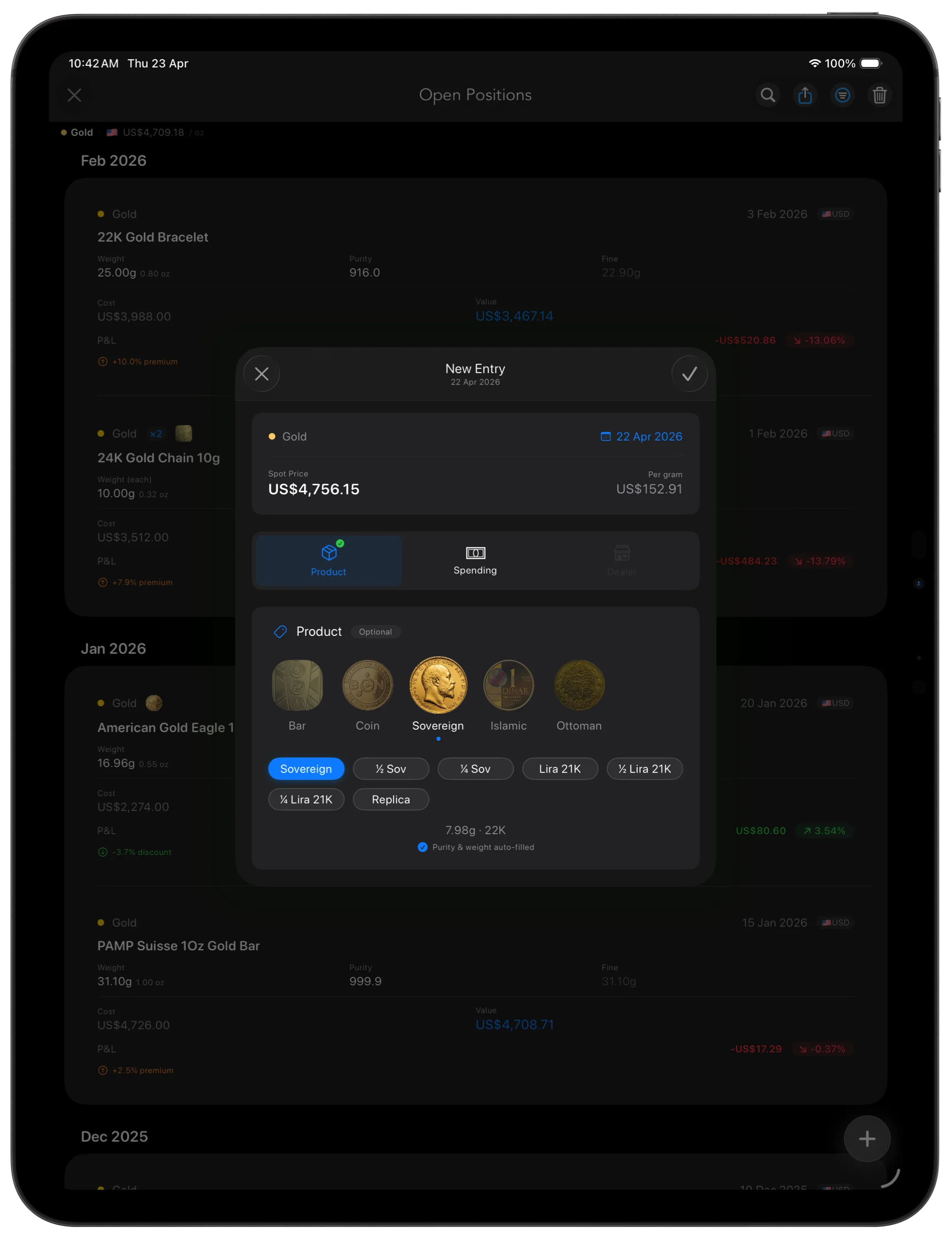 iPad showing portfolio entries with gold items and profit/loss