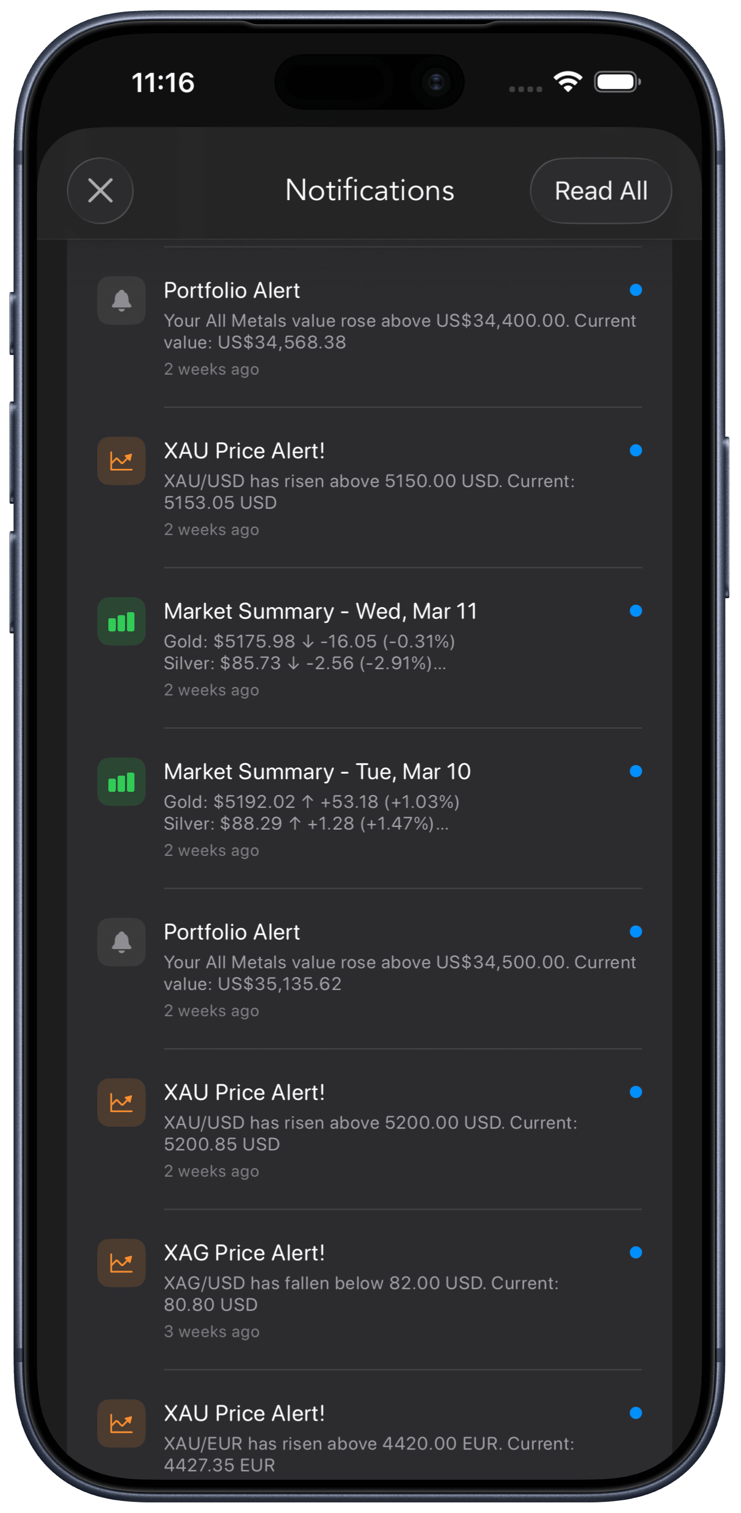 iPhone showing price alerts with active and triggered alerts