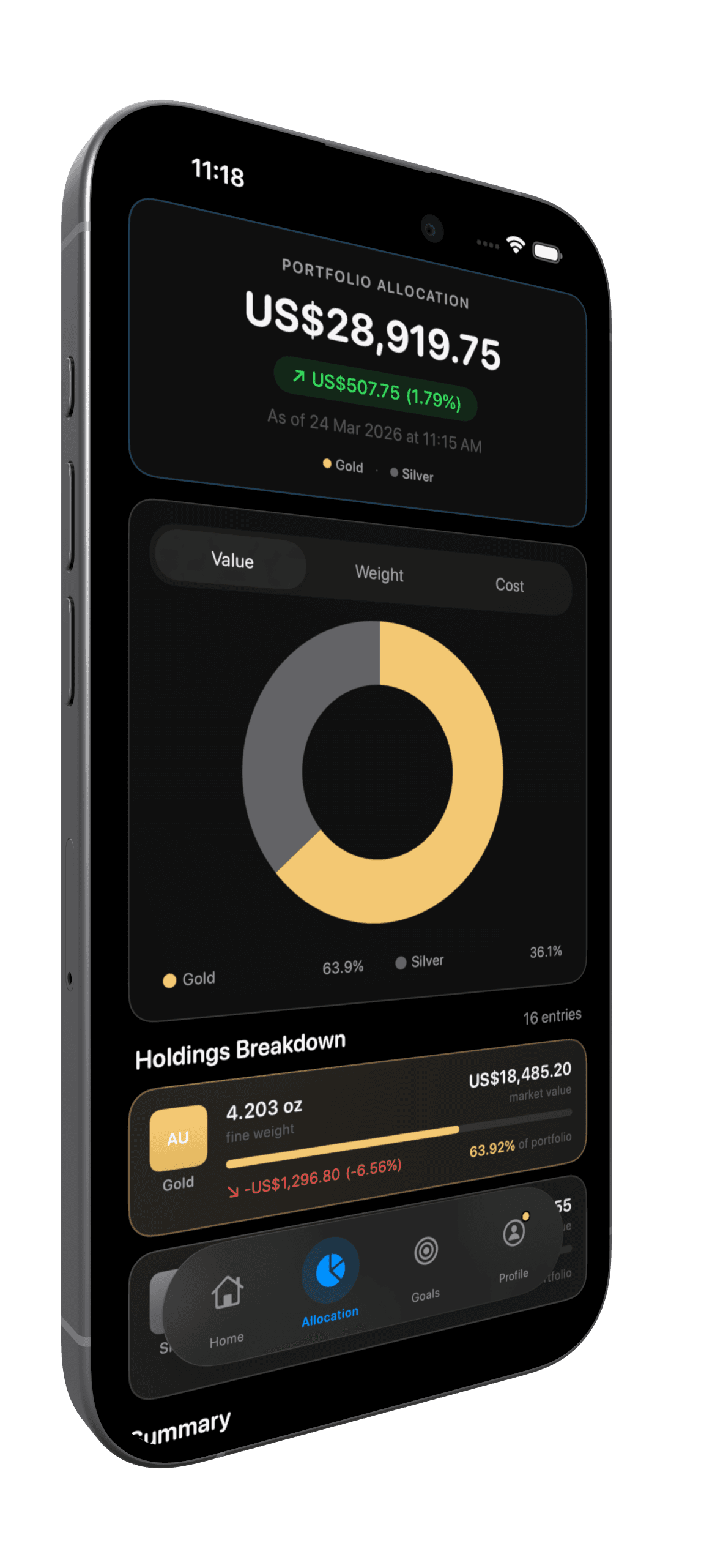 iPhone showing analytics with performance chart and gains