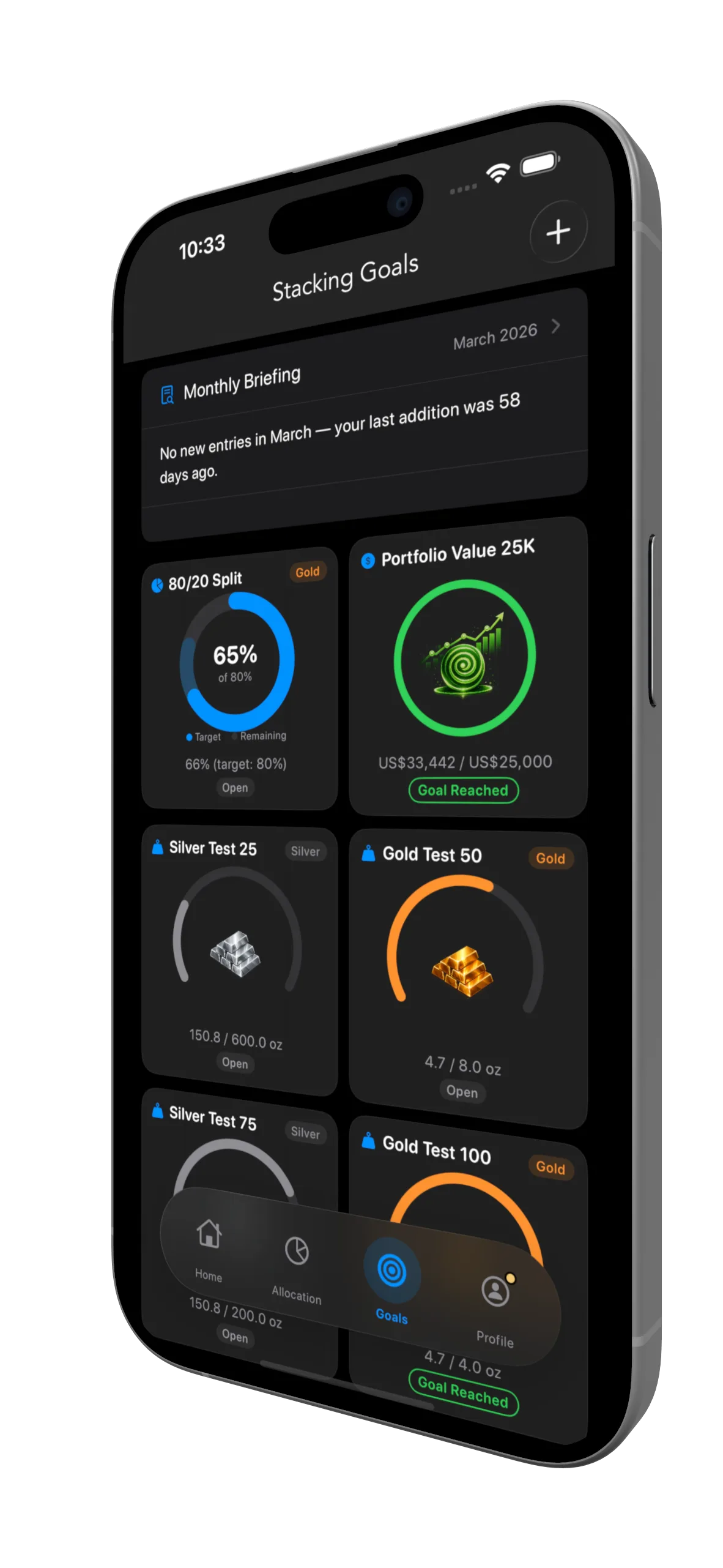 BullionCoin Network goals screen on iPhone with stacking progress rings and target weights