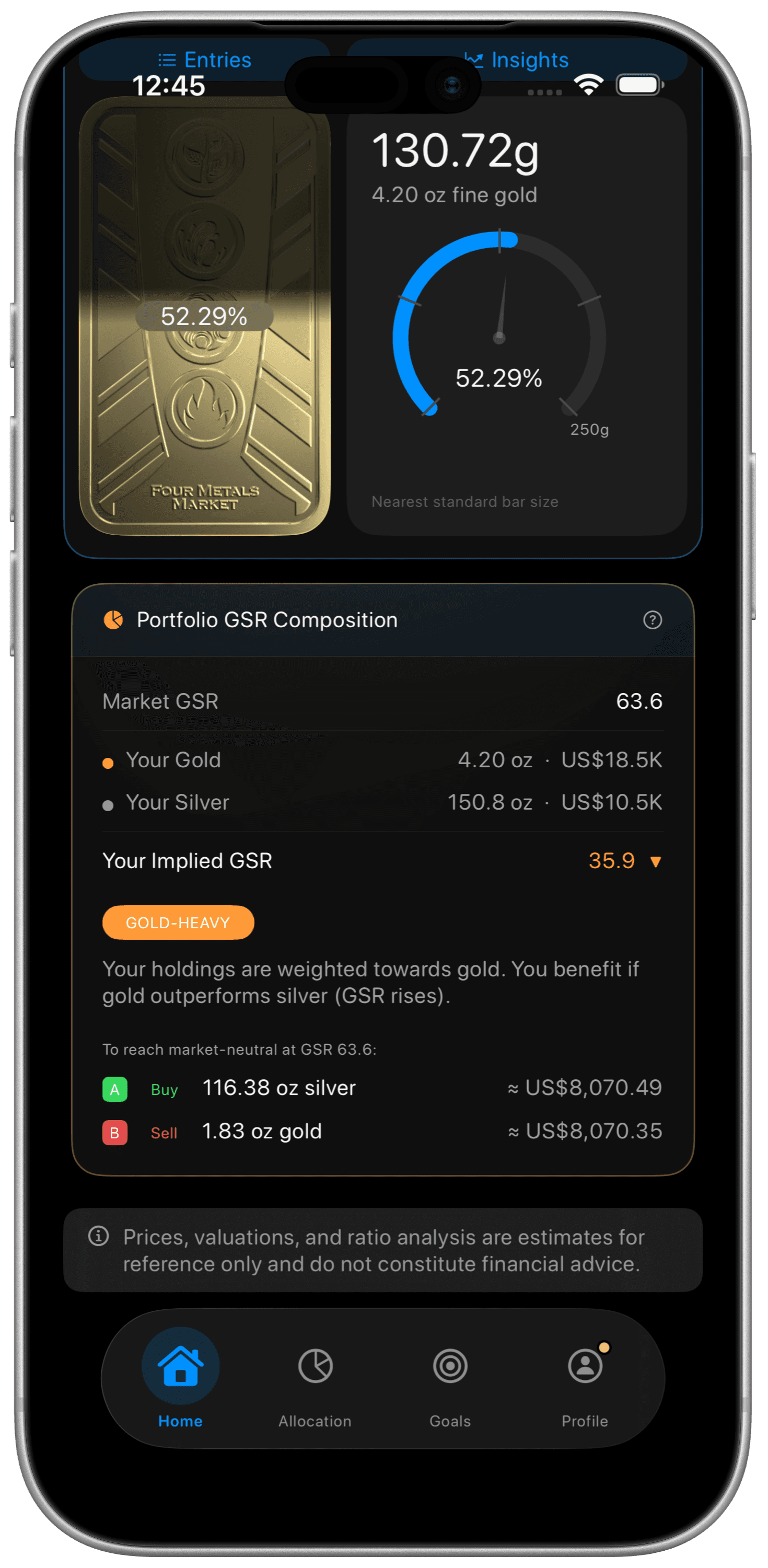 BullionCoin Network portfolio GSR composition card showing gold-silver balance and rebalancing suggestions