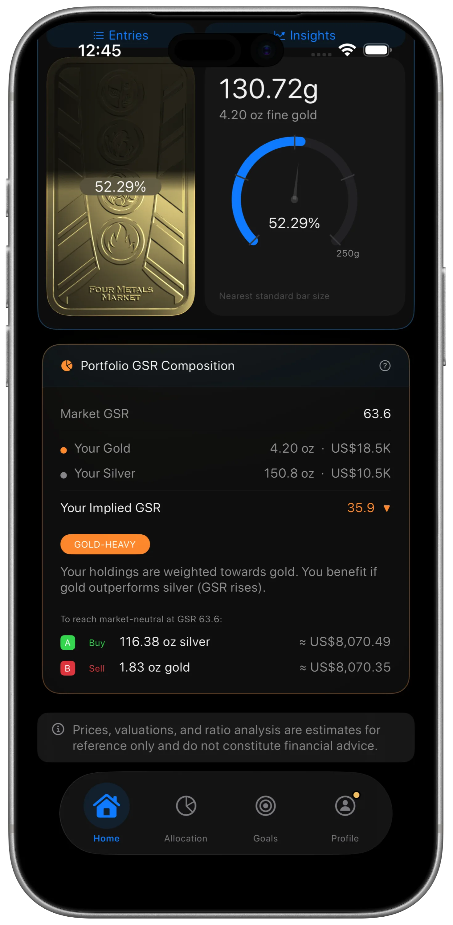 BullionCoin Network portfolio GSR composition card showing gold-silver balance and rebalancing suggestions