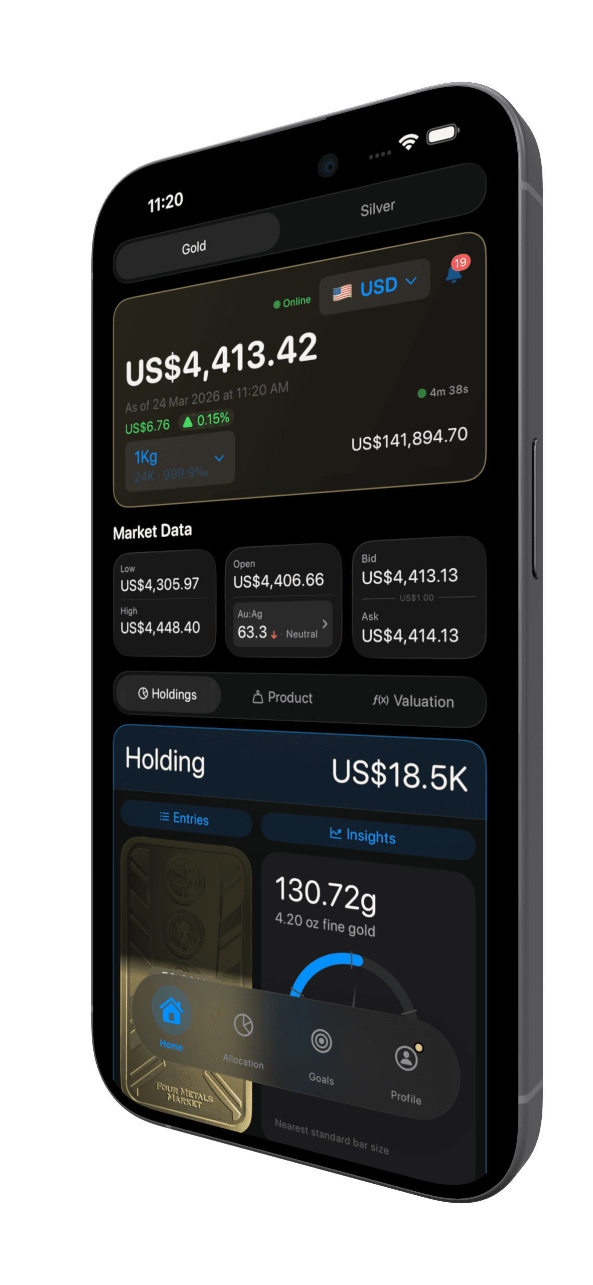 BullionCoin Network app showing live gold price and portfolio