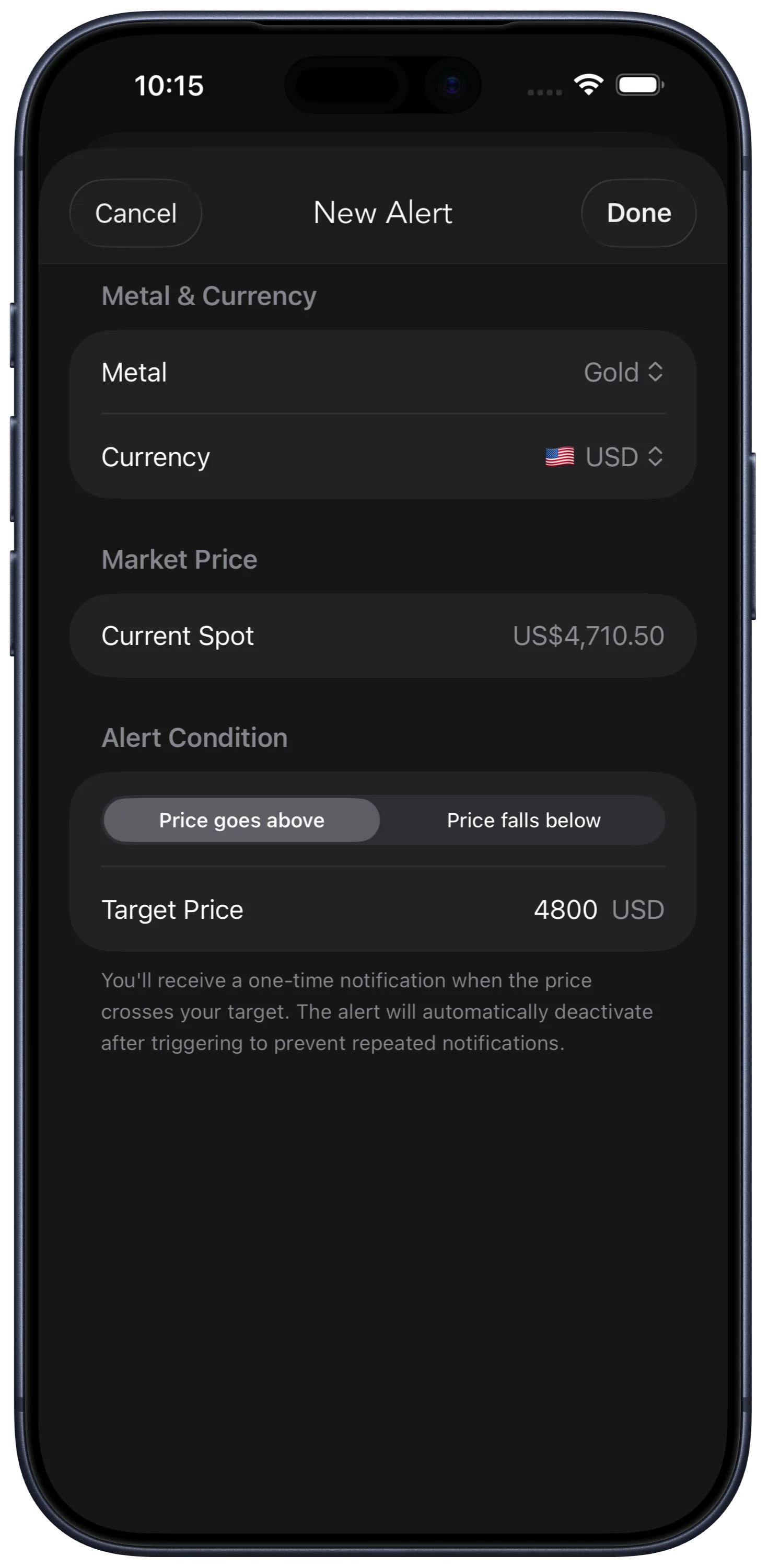 BullionCoin Network price alert creation form on iPhone with target price, direction, and metal selection