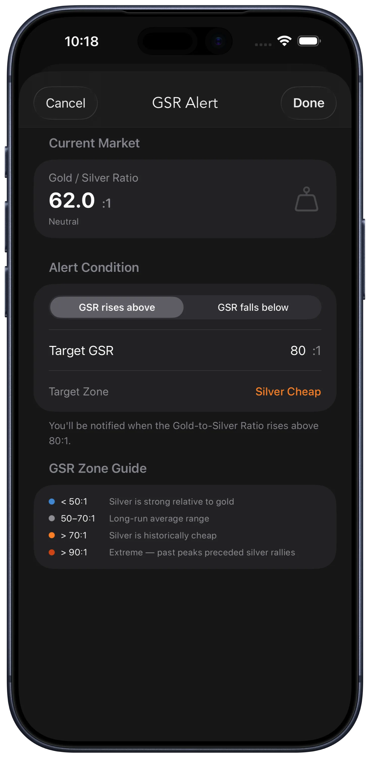 BullionCoin Network Gold-Silver Ratio alert creation screen on iPhone