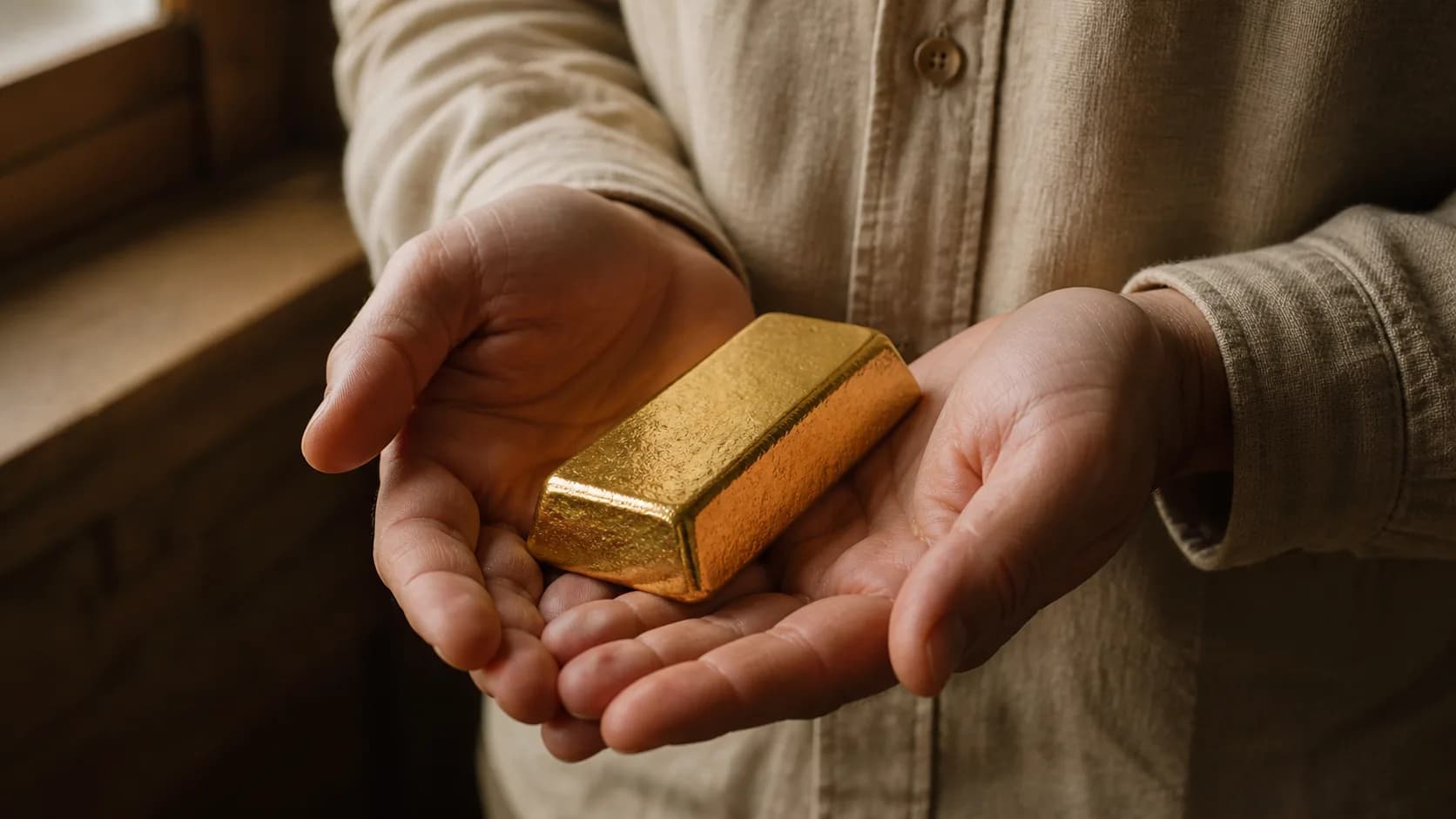 Hands cradling a single gold bar in soft window light
