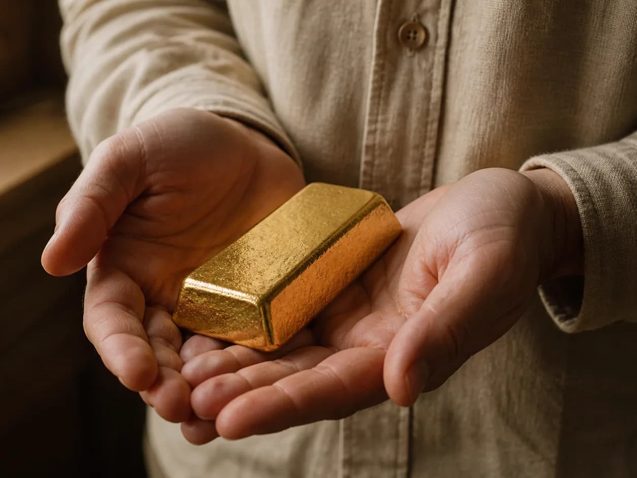 Hands cradling a single gold bar in soft window light