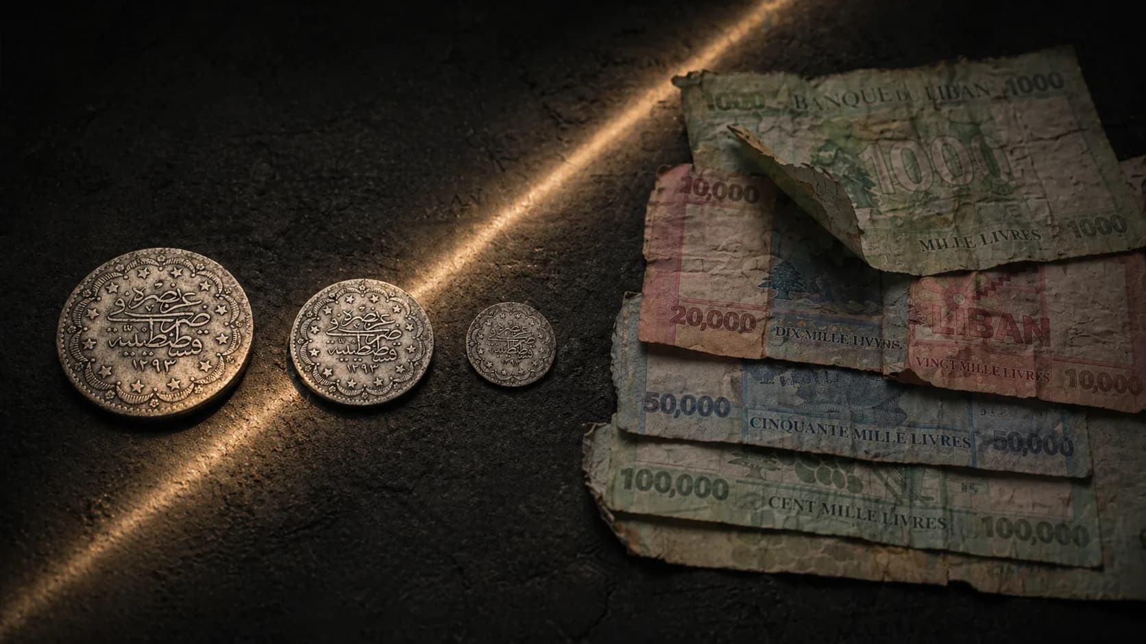 Tarnished Ottoman silver kuruş coins beside crumpled Lebanese lira banknotes — two eras, two ways money was destroyed