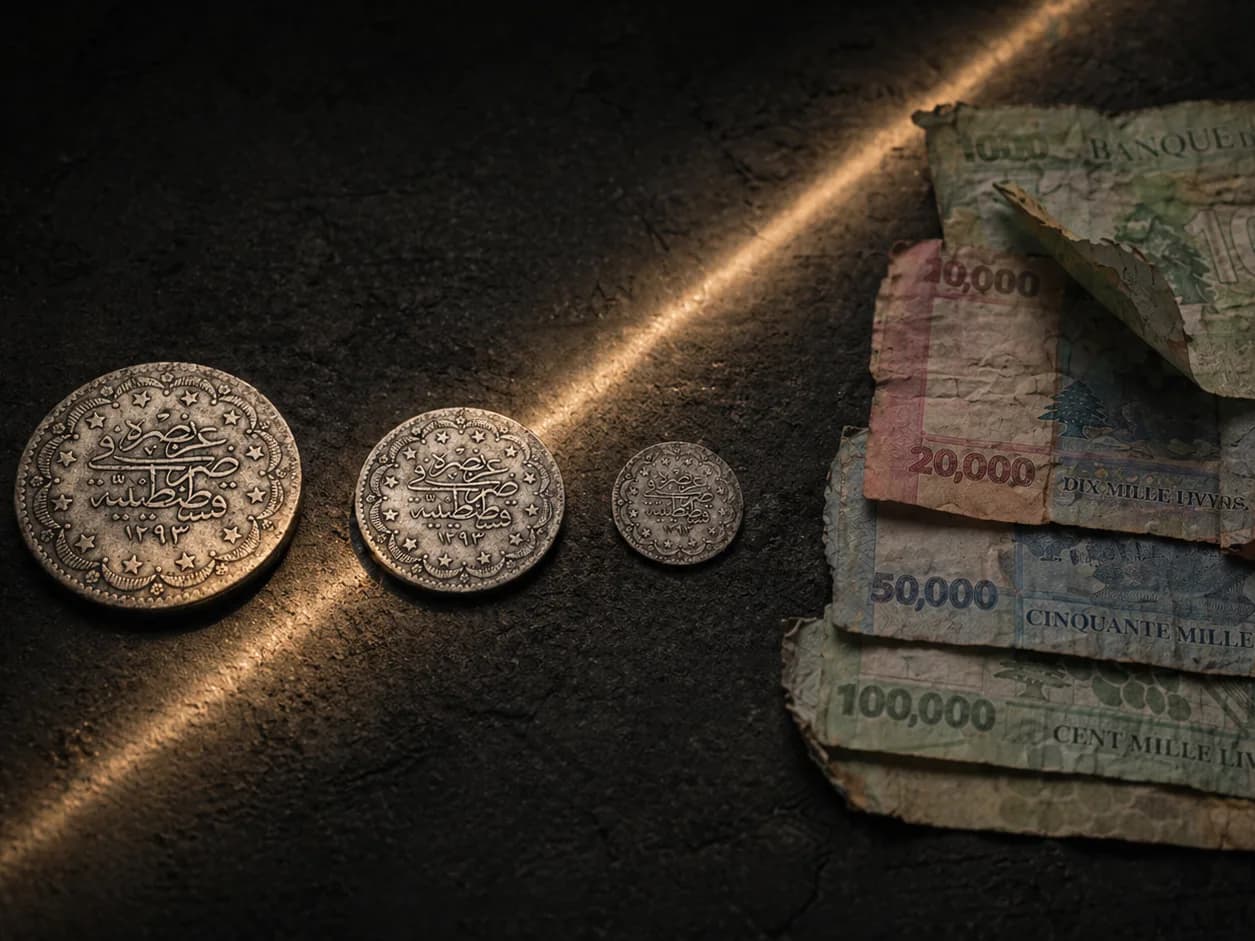Old silver coin alongside modern banknotes — debasement and devaluation