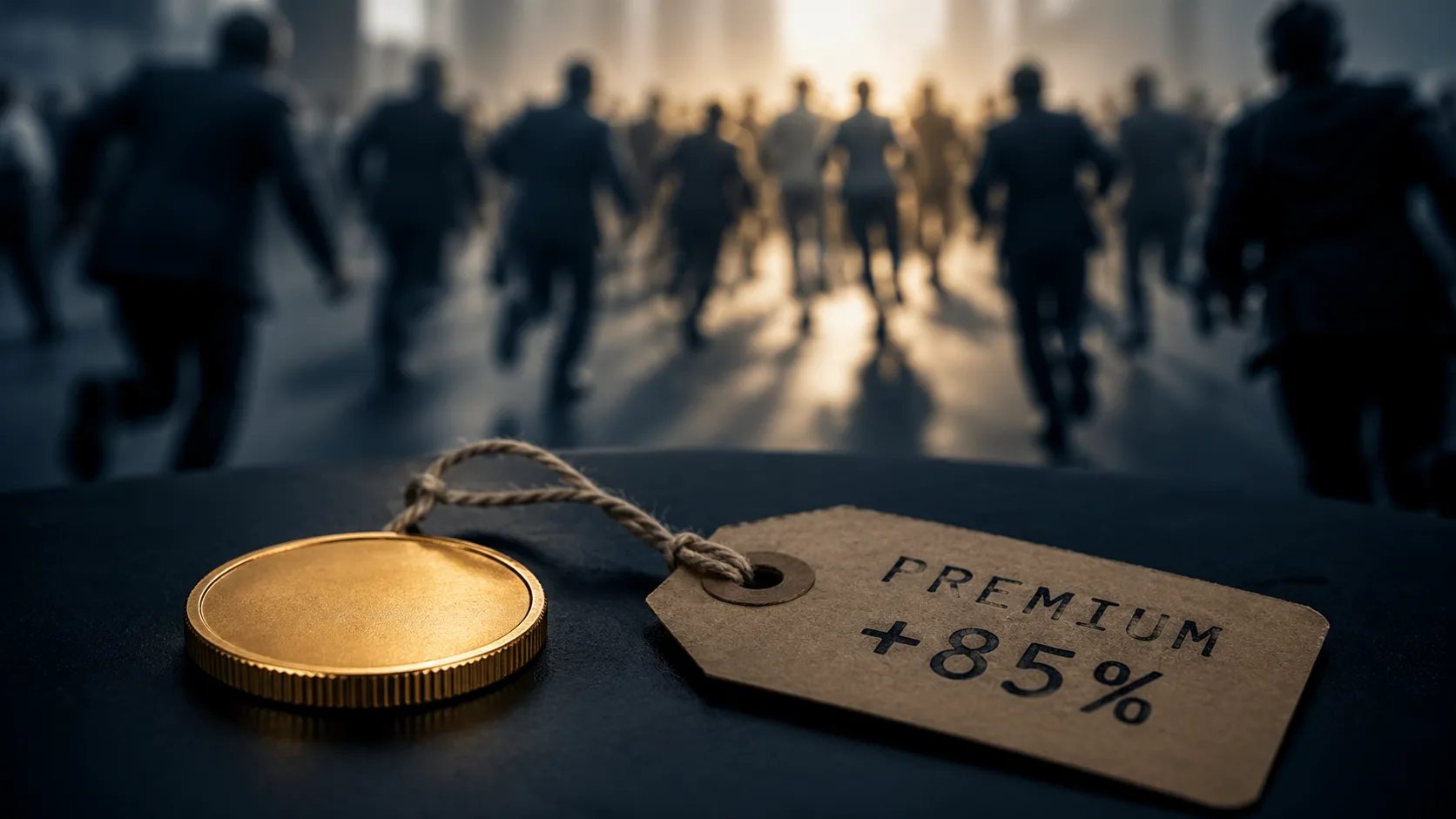 Gold coin with an inflated premium price tag, crowd rushing in the background