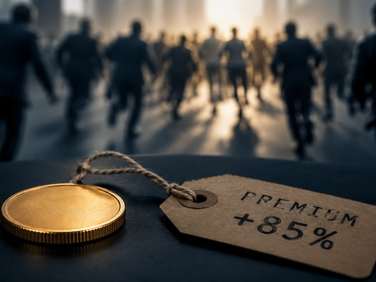 Gold coin with an inflated premium price tag, crowd rushing in the background