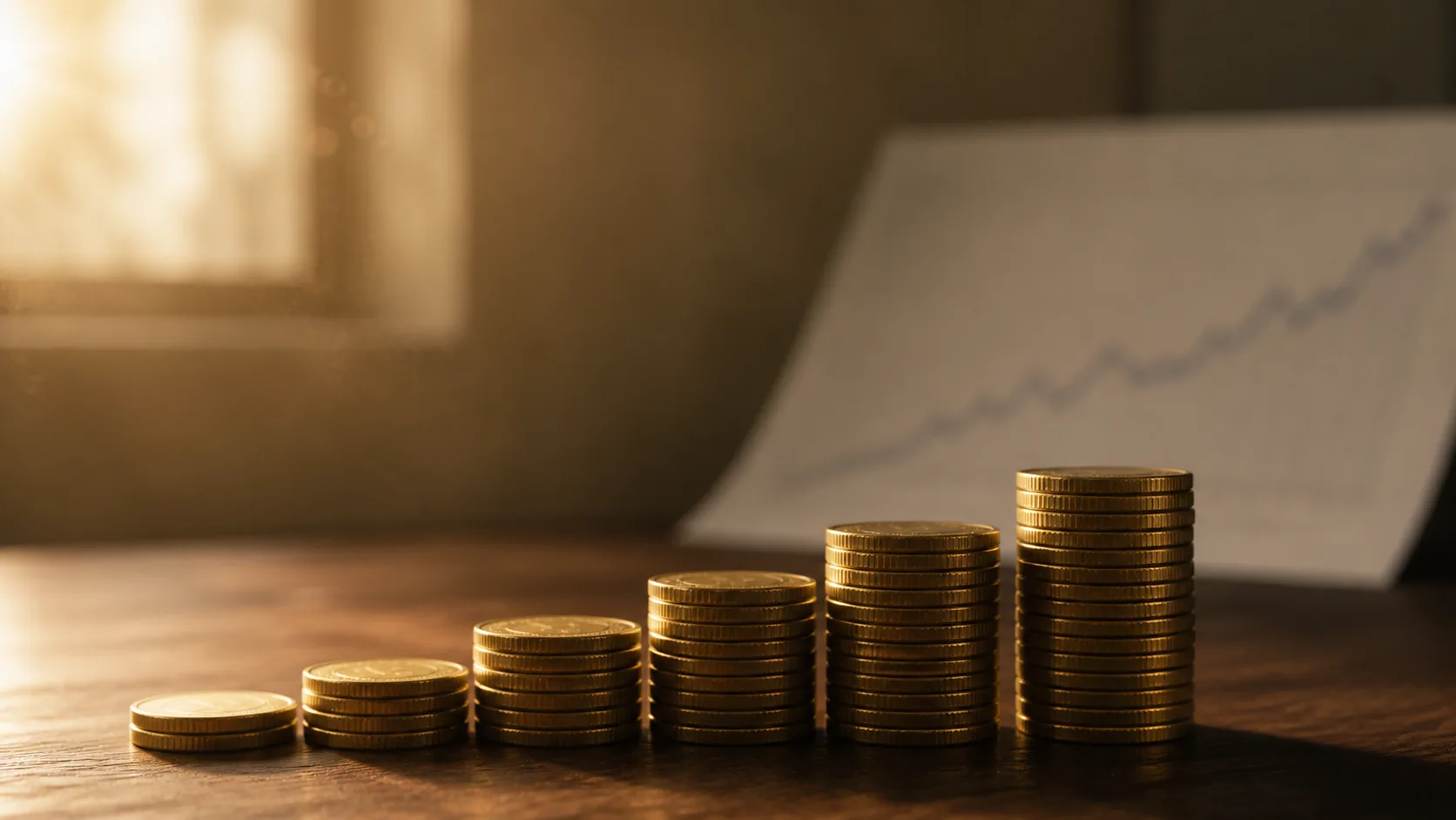 Stack of gold coins arranged in a rising staircase, illustrating steady DCA accumulation