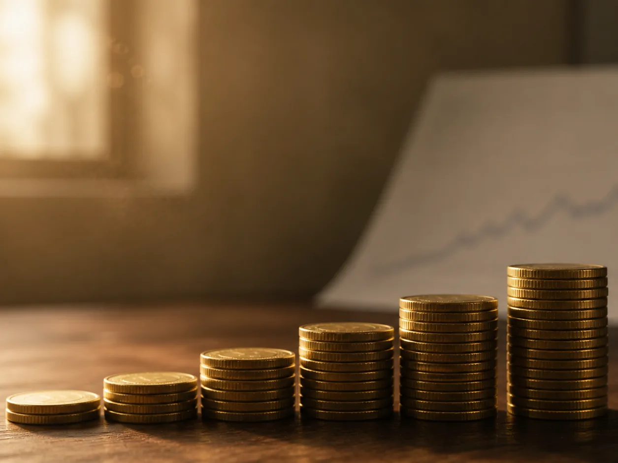 Stack of gold coins arranged in a rising staircase, illustrating steady DCA accumulation