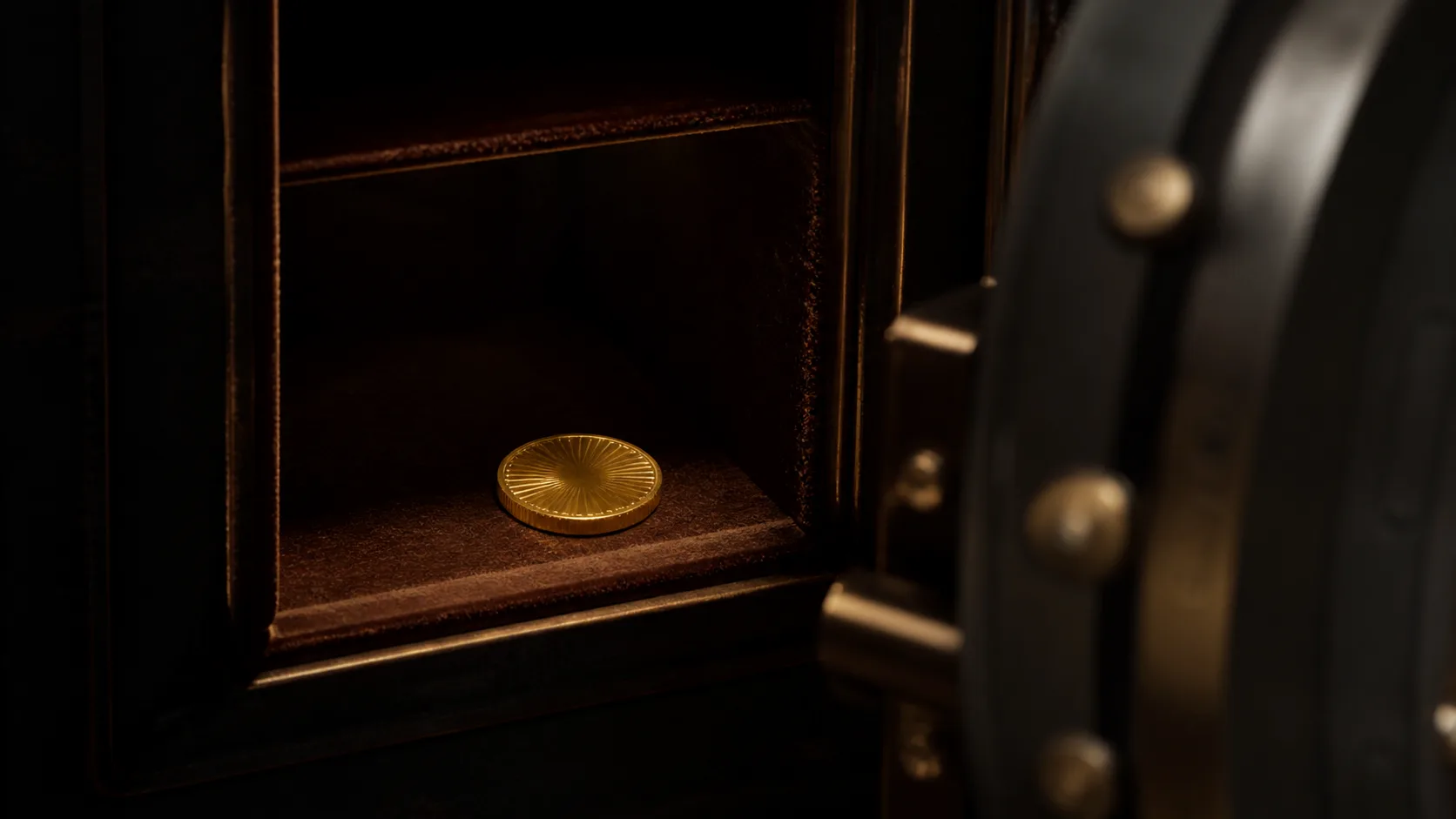 A single gold coin resting in a dimly lit vault drawer