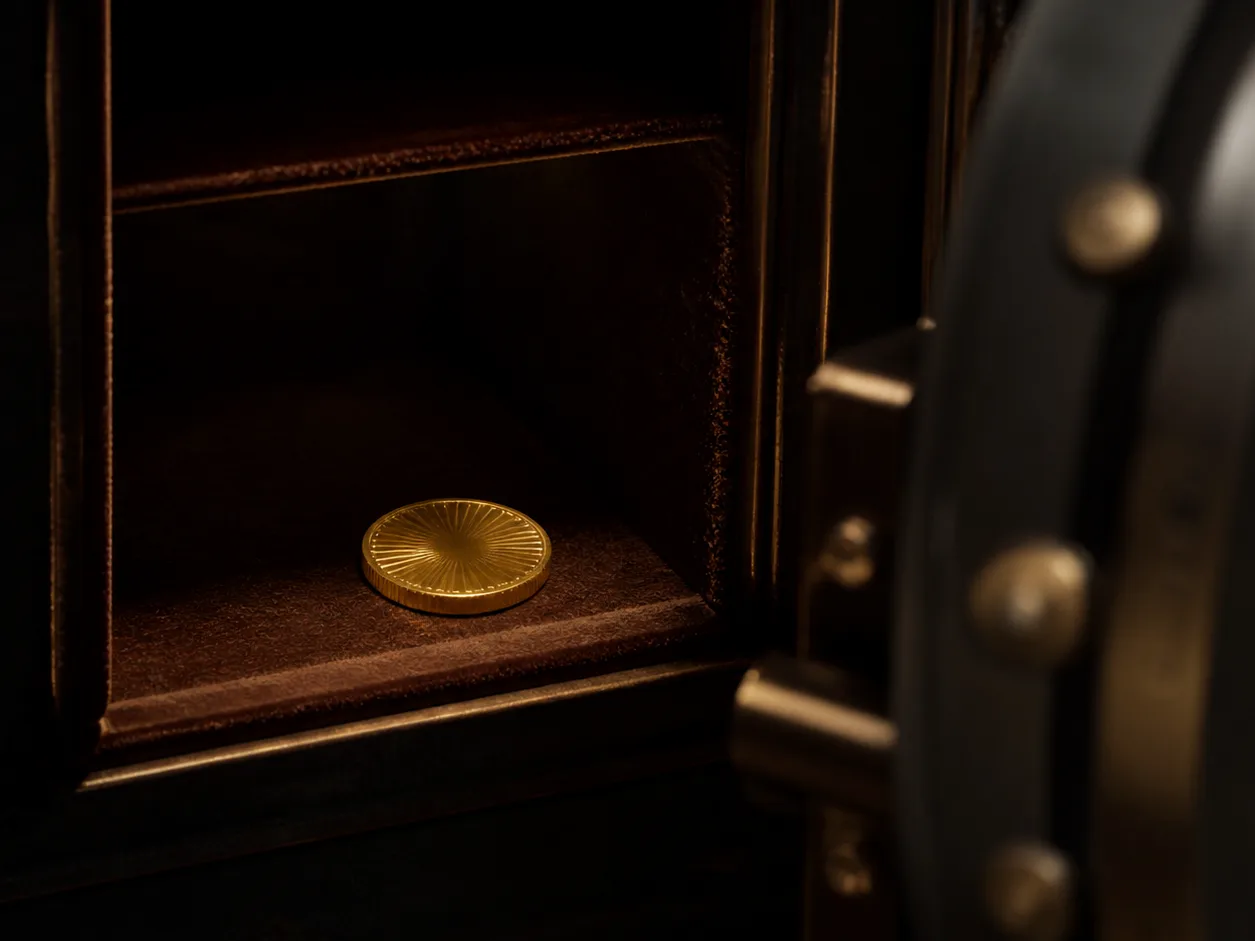 A single gold coin resting in a dimly lit vault drawer