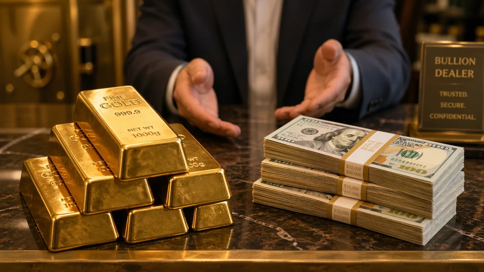 Gold coins and cash on a dealer counter