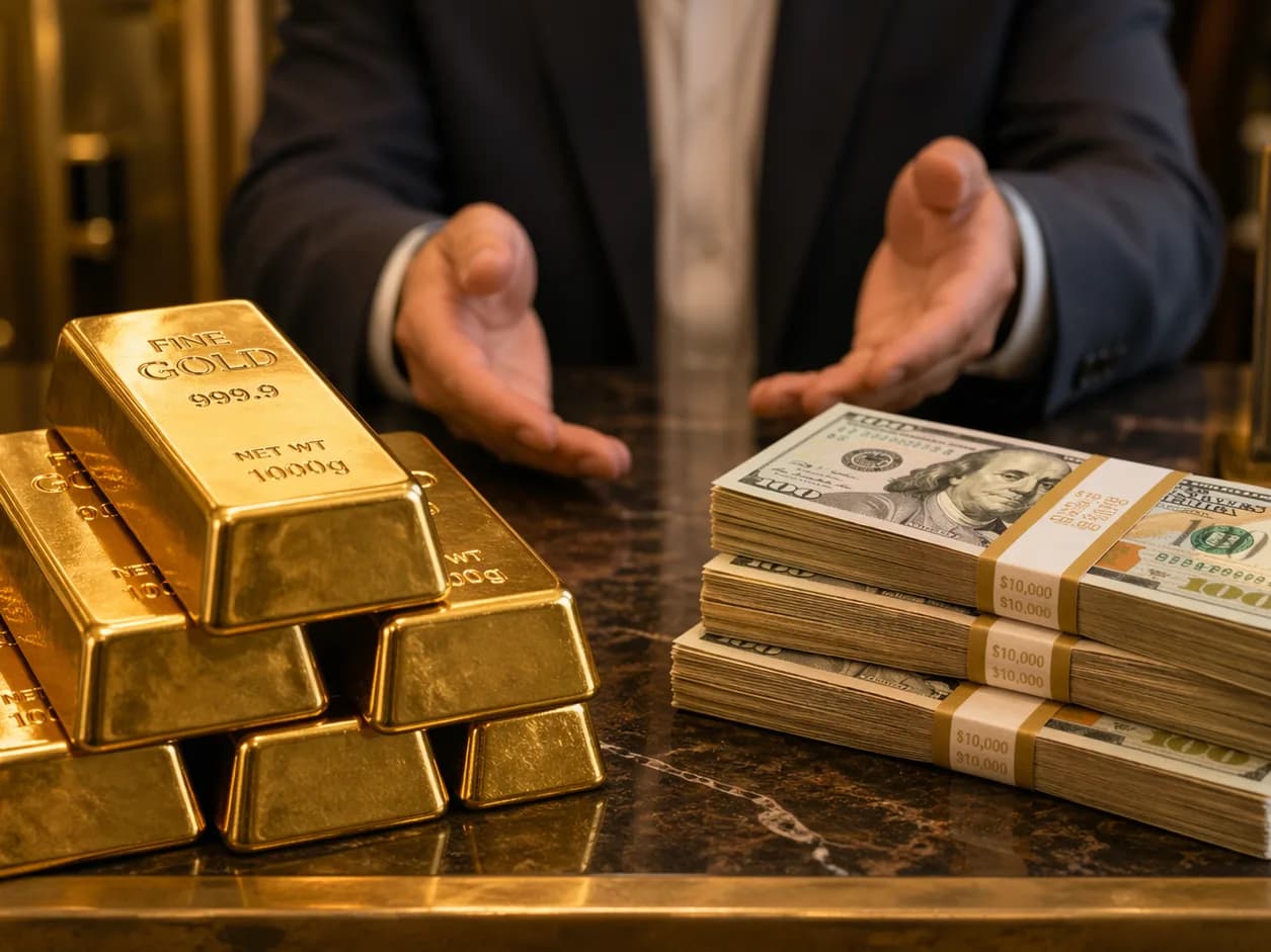 Gold coins and cash on a dealer counter