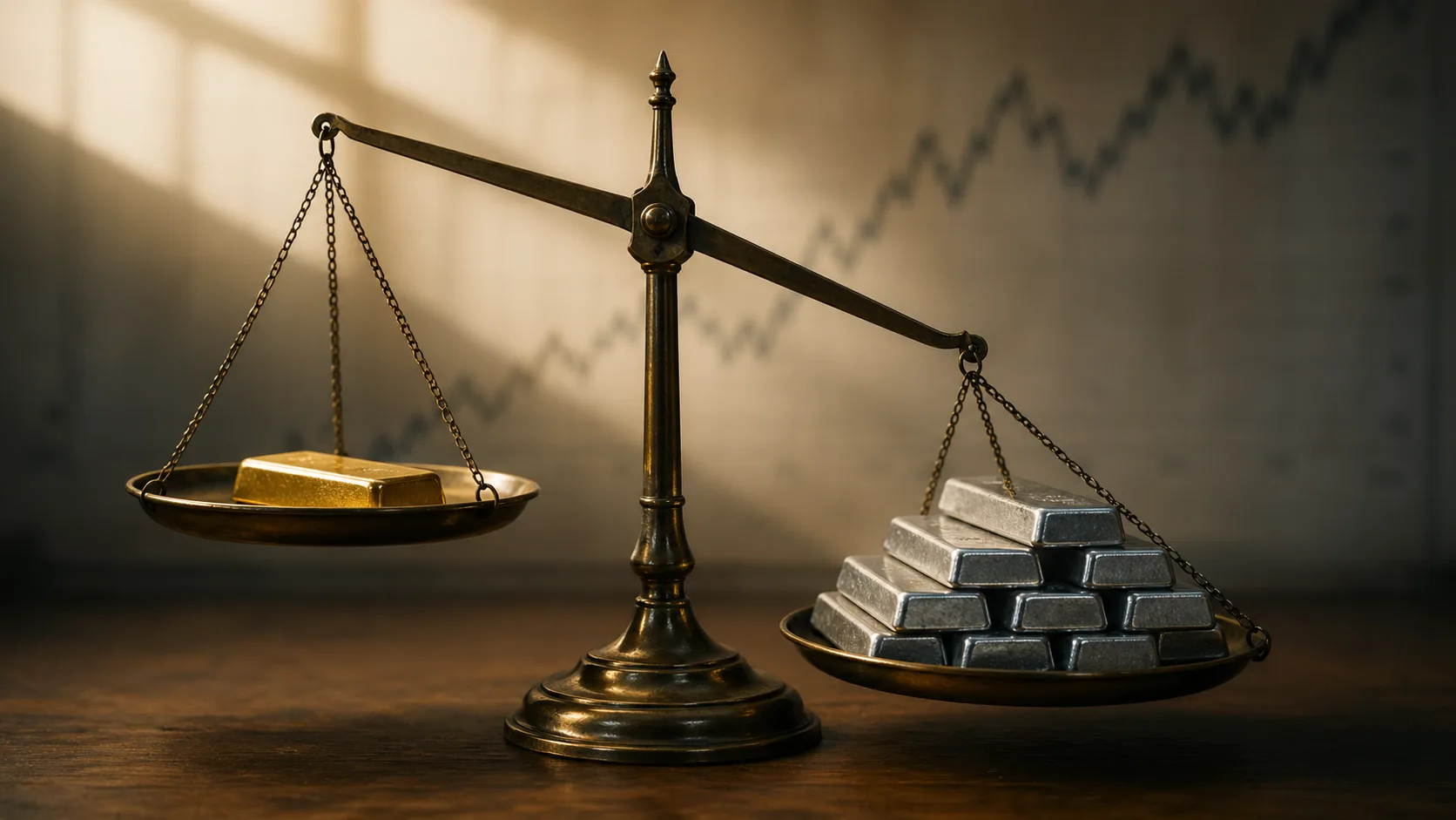 Brass balance scale with a single gold bar tipping against stacked silver bars