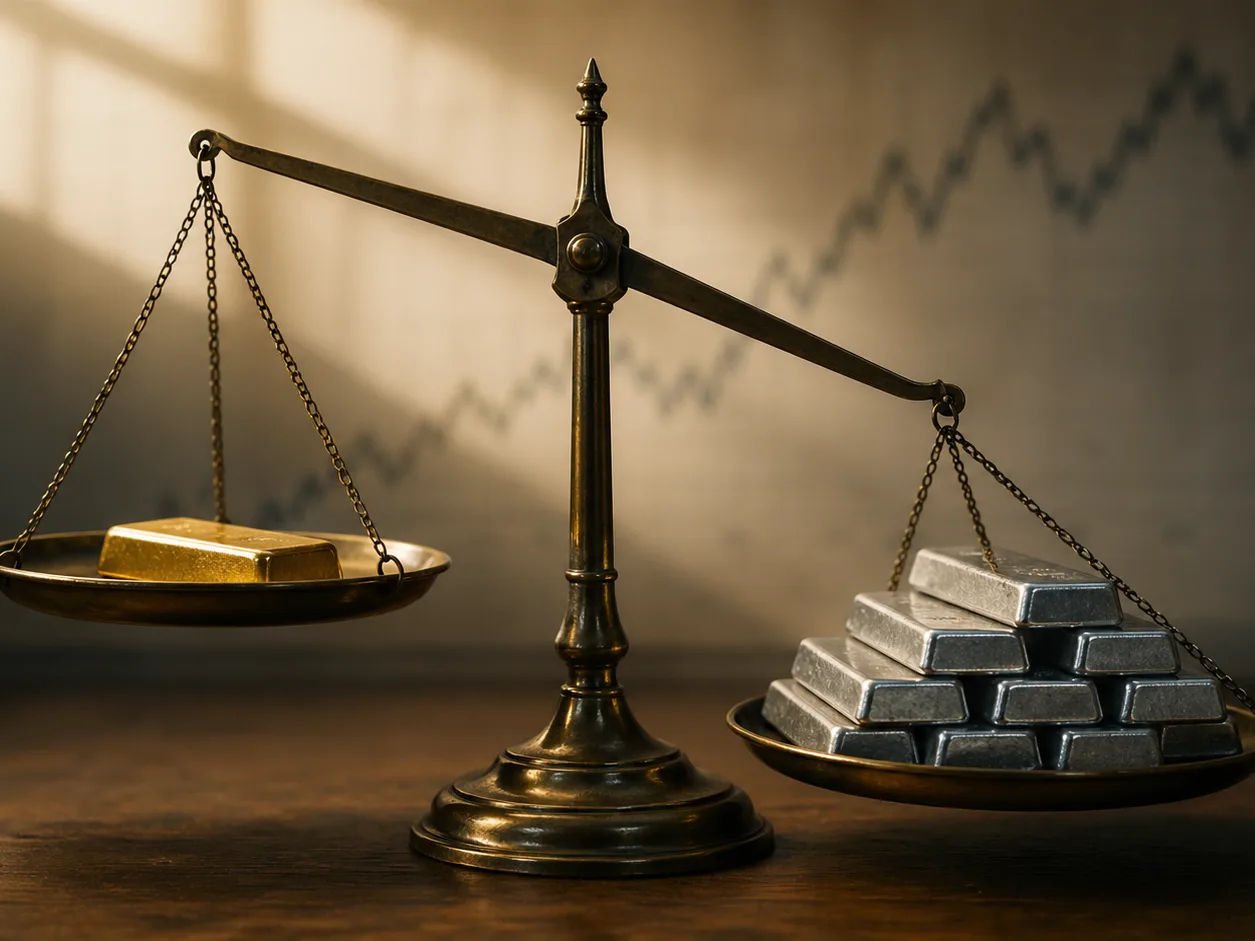 Brass balance scale with a single gold bar tipping against stacked silver bars