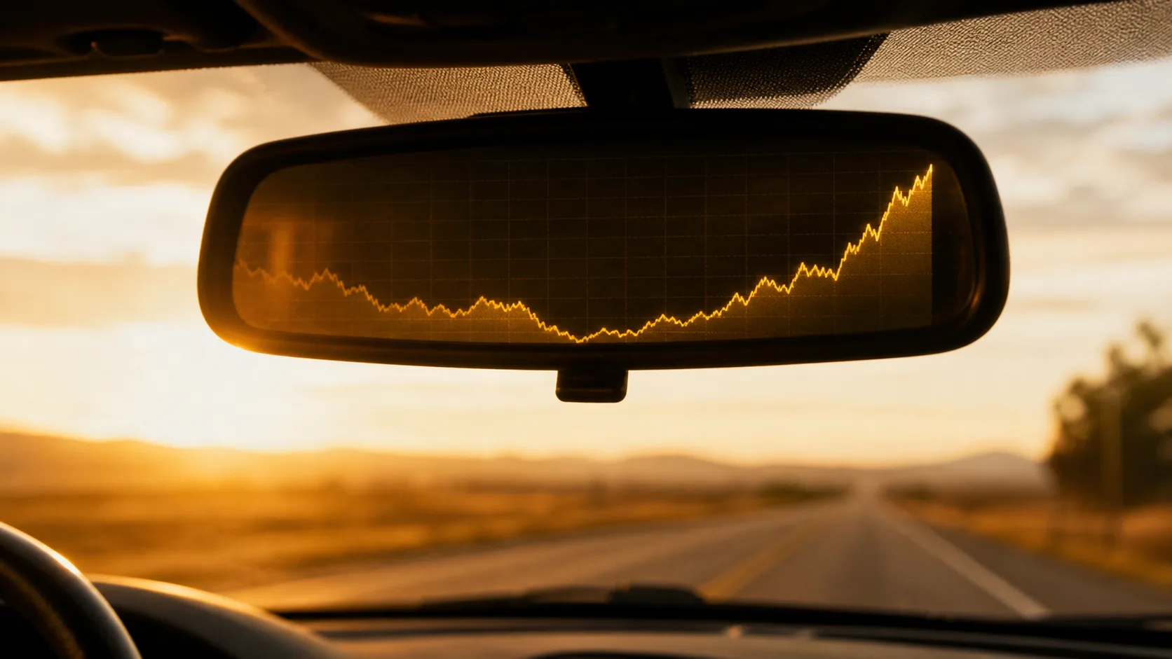 Rearview mirror reflecting a gold price chart — the dip already in the past