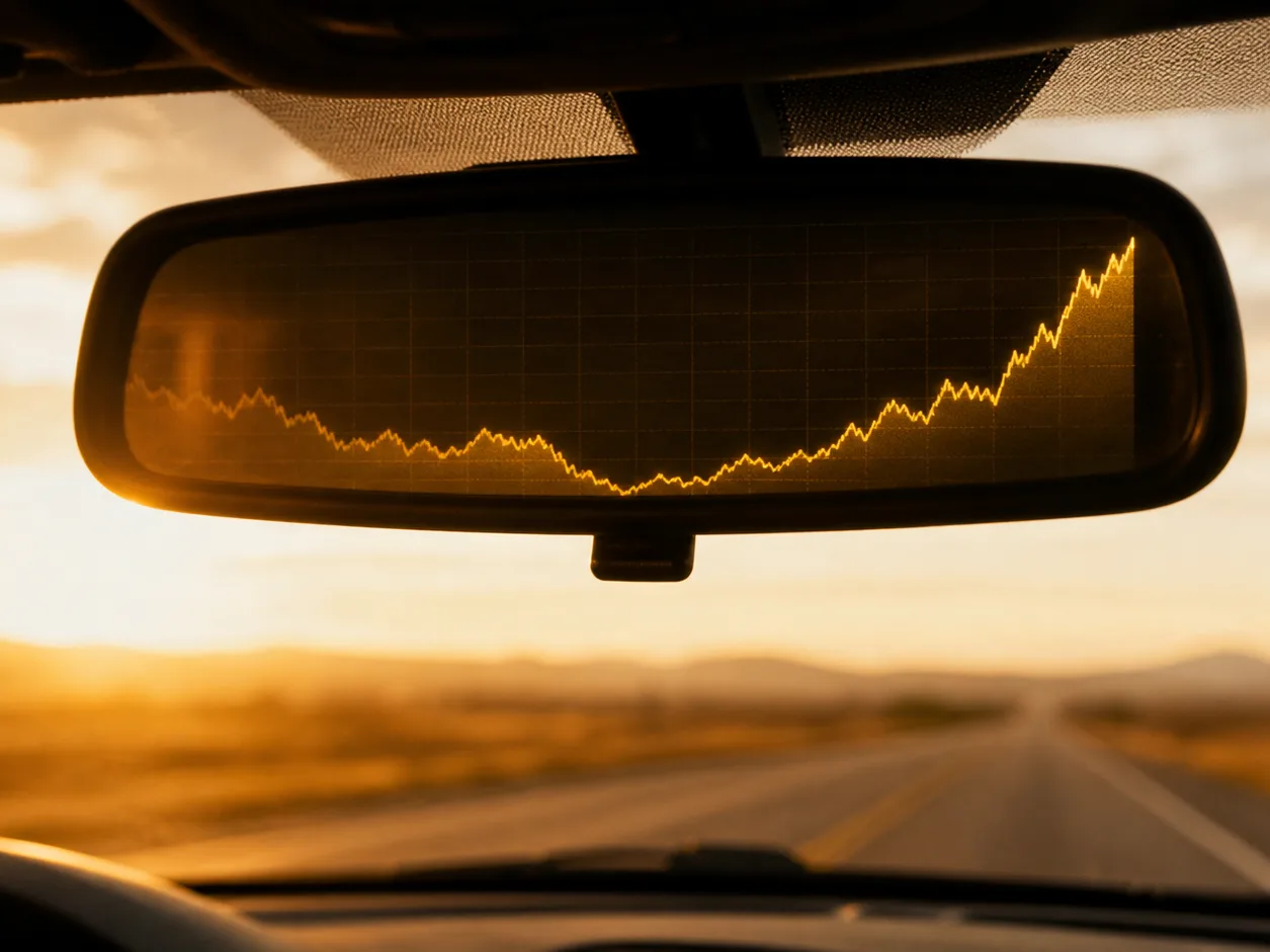 Rearview mirror reflecting a gold price chart — the dip already in the past