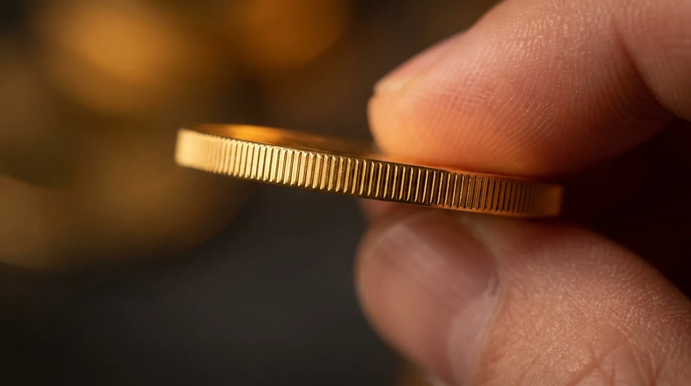 Macro photograph of a single gold coin held between two fingertips, sharp focus on the milled edge
