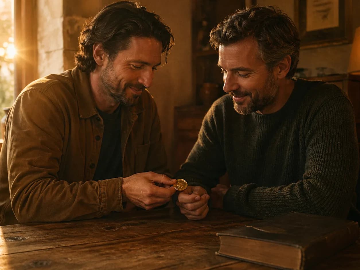 Two friends at a sunlit table sharing a single gold coin