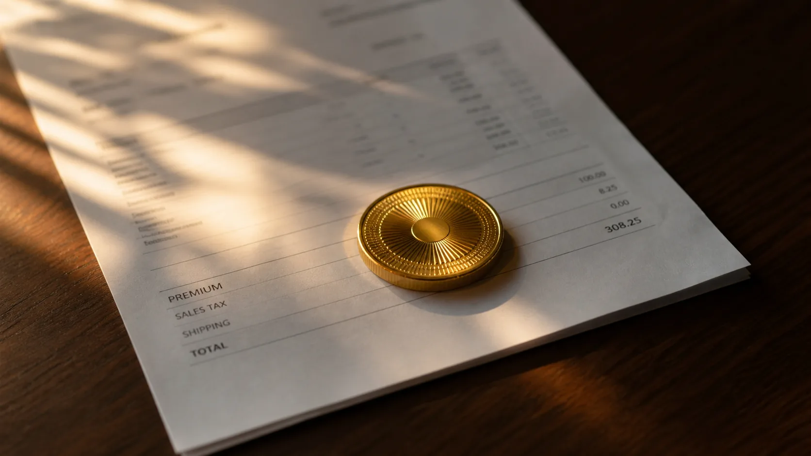 Gold coin on a dealer invoice showing premium, tax, and shipping line items