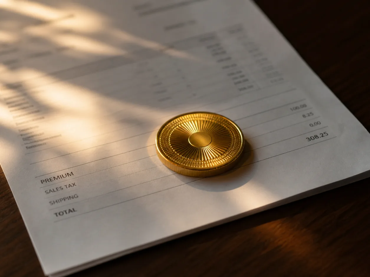 Gold coin on a dealer invoice showing premium, tax, and shipping line items