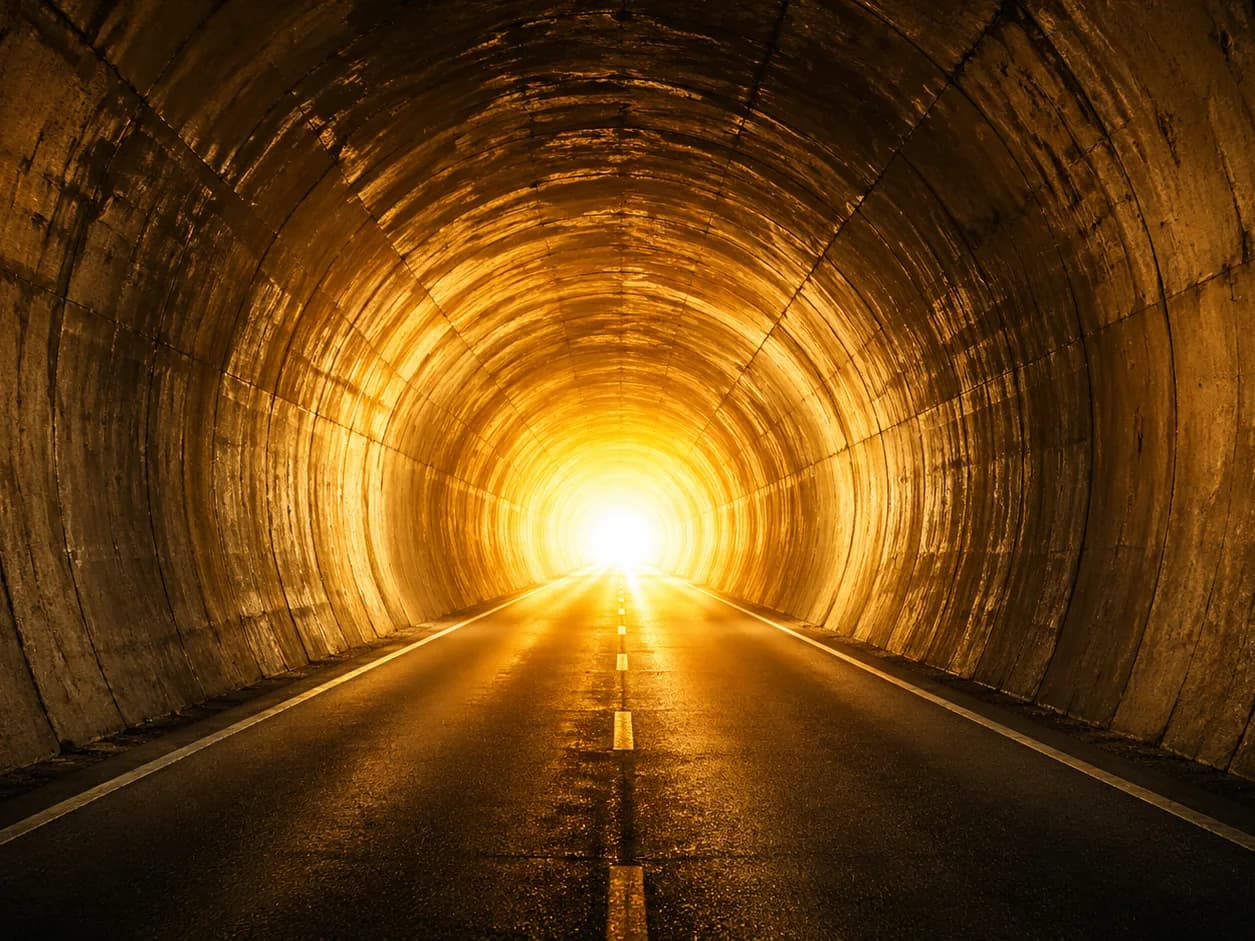 A long tunnel of taillights at dawn — the working-life commute