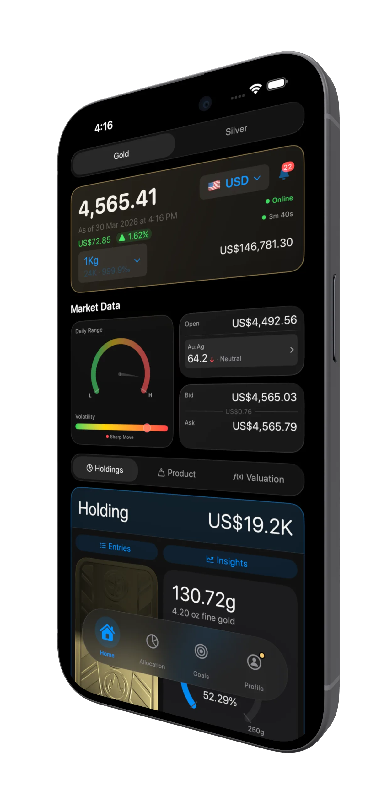 BullionCoin Network main screen showing live gold and silver spot prices