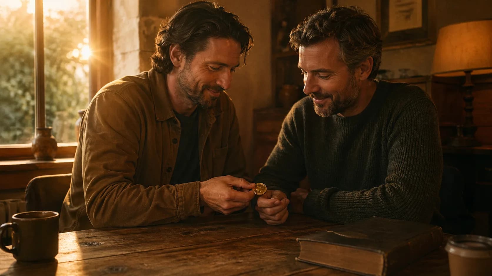 Two friends at a sunlit table sharing a single gold coin